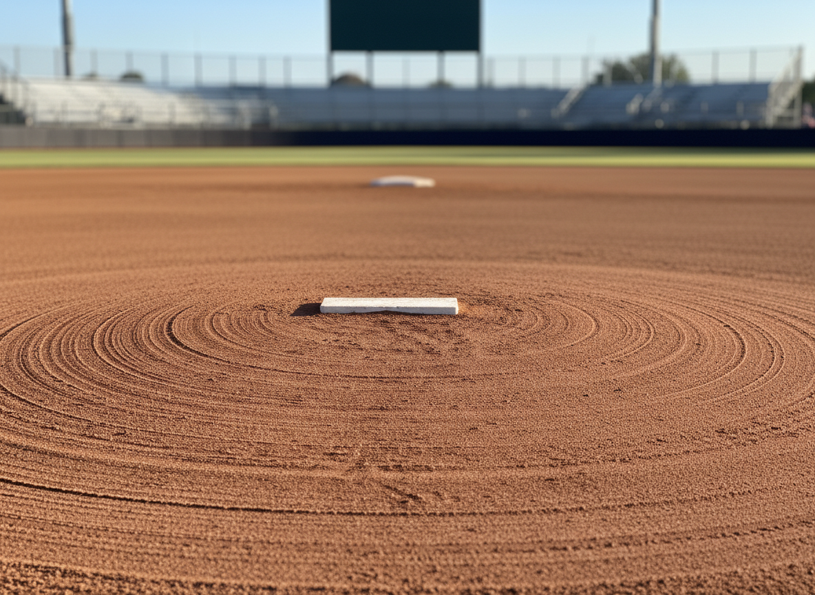 A detailed close-up of a perfectly manicured high school baseball mound on a sunlit afternoon, showing the crisp white pitching rubber set firmly in the smooth, slightly elevated clay. The surrounding dirt is raked into clean, consistent lines extending outward toward a blurred home plate and backstop in the distance. Soft, even daylight creates gentle shadows that define the mound’s texture without harsh contrast. Photographic realism with an eye-level, slightly forward-facing composition emphasizes the rubber as the focal point, symbolizing a right-handed pitcher’s presence while maintaining an empty, distraction-free field and a focused, professional recruiting mood.