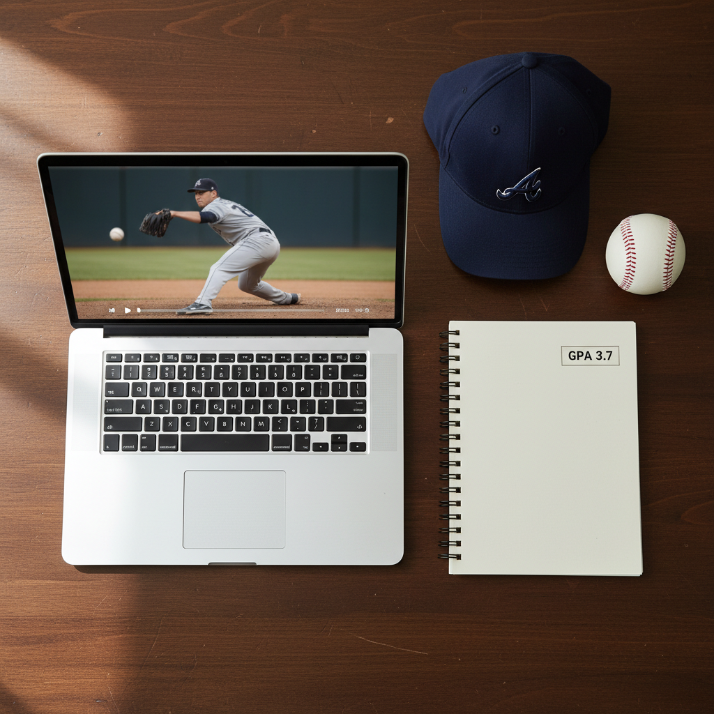 A meticulously arranged flat lay of baseball recruiting essentials on a dark wooden desk: a polished metal laptop partly open on a paused pitching video frame, a neatly stacked spiral notebook labeled with a small printed “GPA 3.7” on the cover, a clean white baseball with bright red seams, and a navy blue cap with a subtle, generic embroidered letter. Soft, diffused natural light from an unseen window to the left creates calm reflections on the laptop and faint shadows under each object. Shot from a bird’s-eye view in photographic realism, the composition is clean and organized, balancing athletic gear and academic tools to emphasize discipline and professionalism.