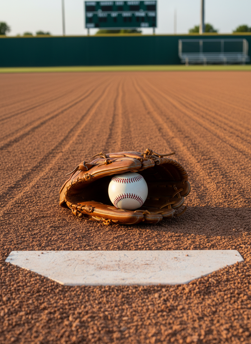 A pristine, game-ready baseball resting on the smooth brown leather surface of a well-maintained pitcher’s glove, both placed neatly on the clean infield dirt near a sharp white pitching rubber. The carefully raked dirt forms subtle ridges leading toward the outfield fence in the distance, with a clear, empty high school scoreboard and faint bleachers softly blurred in the background. Captured in photographic realism at golden hour from a low, eye-level angle, the warm sunlight creates crisp highlights on the ball’s red seams and gentle shadows along the glove’s stitching, conveying a focused, professional, recruiting-style atmosphere.